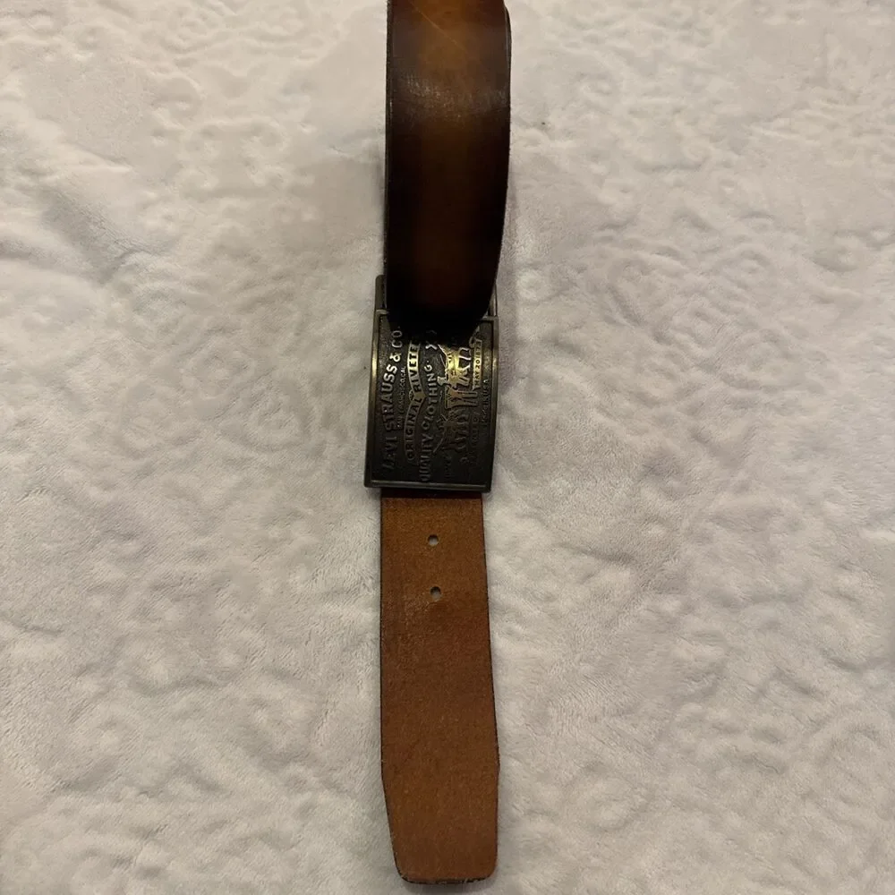 70s LEVIS Strauss Belt & Buckle 36 Tan Brass Hand Stained Latigo Leather 2 Horse